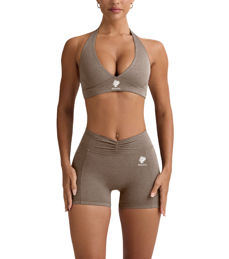 Coffee Brown Halter V-Cut Sports Bra & Shorts Sculpta Set