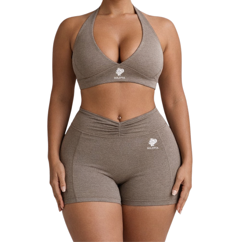 Coffee Brown Halter V-Cut Sports Bra & Shorts Sculpta Set